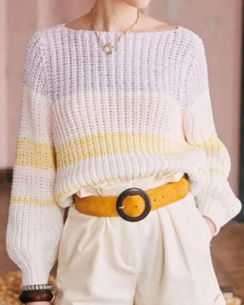 Lantern Sleeve Contrast Stripe Knitting Sweater