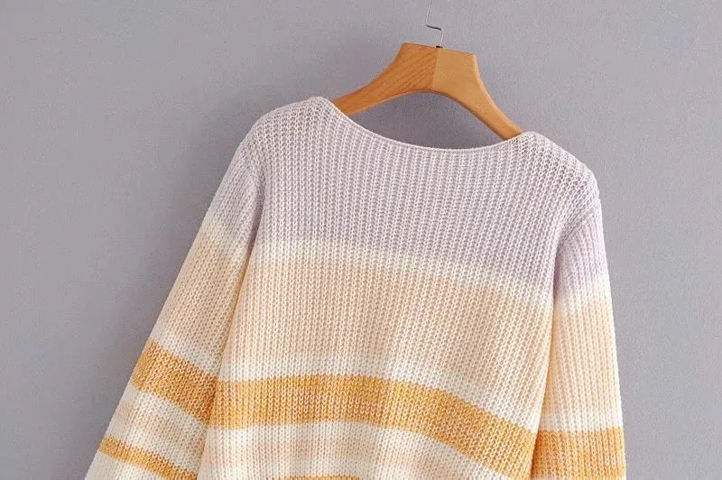Lantern Sleeve Contrast Stripe Knitting Sweater