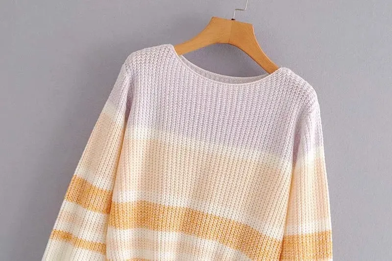 Lantern Sleeve Contrast Stripe Knitting Sweater