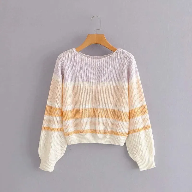 Lantern Sleeve Contrast Stripe Knitting Sweater