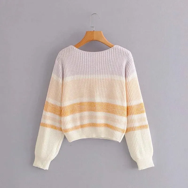 Lantern Sleeve Contrast Stripe Knitting Sweater