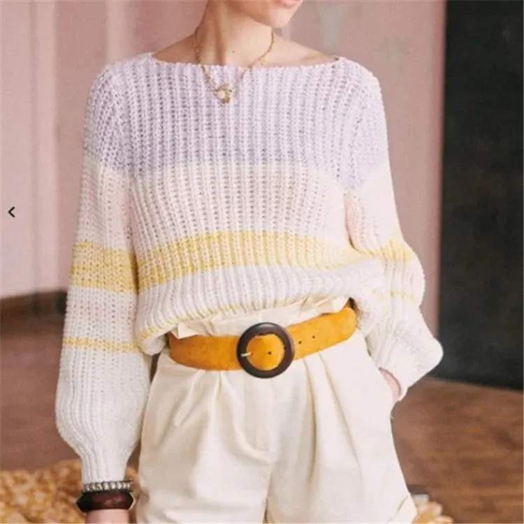 Lantern Sleeve Contrast Stripe Knitting Sweater