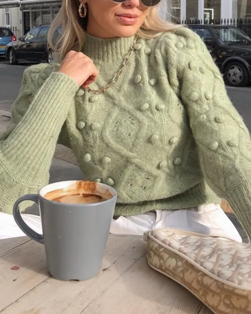 Lantern Sleeve Splicing Lingge Stand-up Collar Sweater