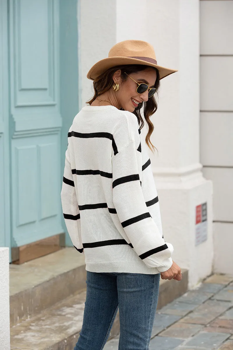 Lantern Sleeve Striped Knit Sweater