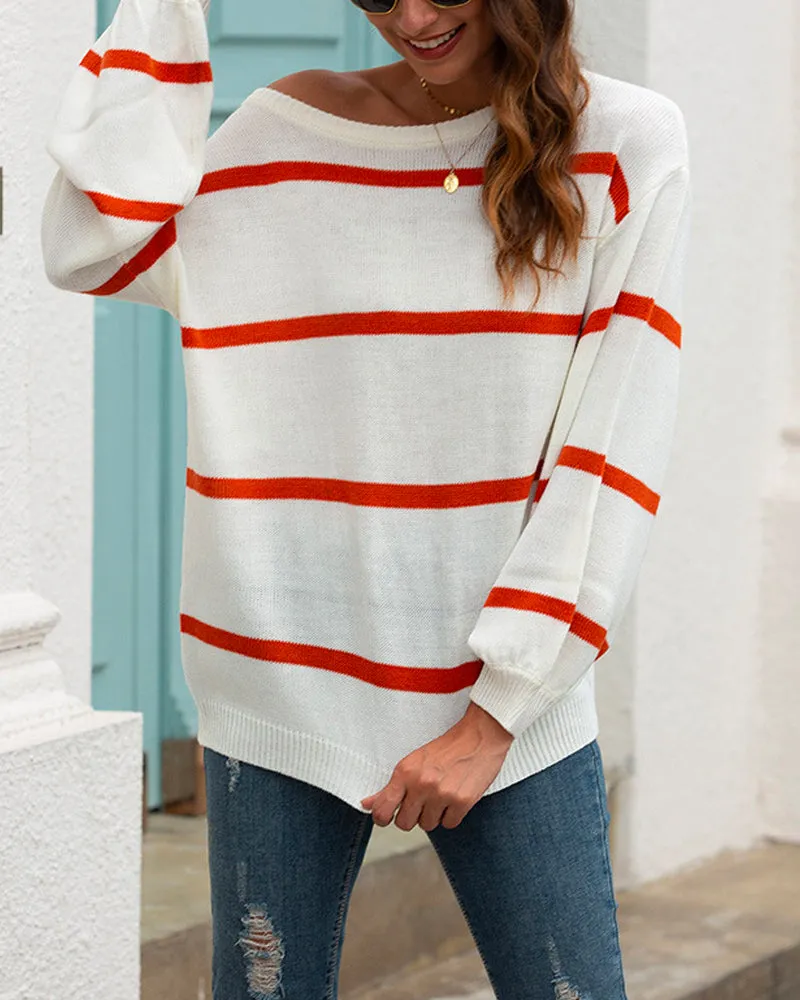 Lantern Sleeve Striped Knit Sweater