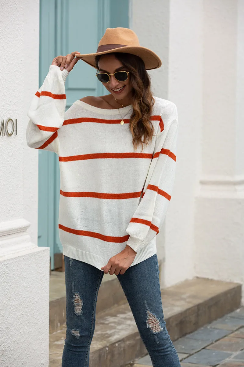 Lantern Sleeve Striped Knit Sweater