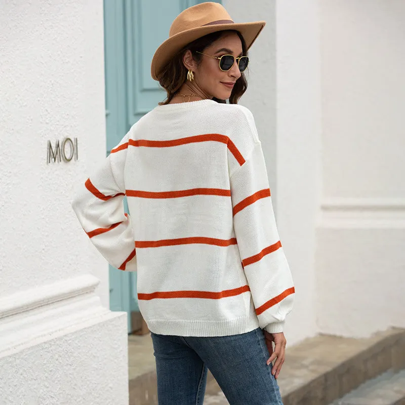 Lantern Sleeve Striped Knit Sweater