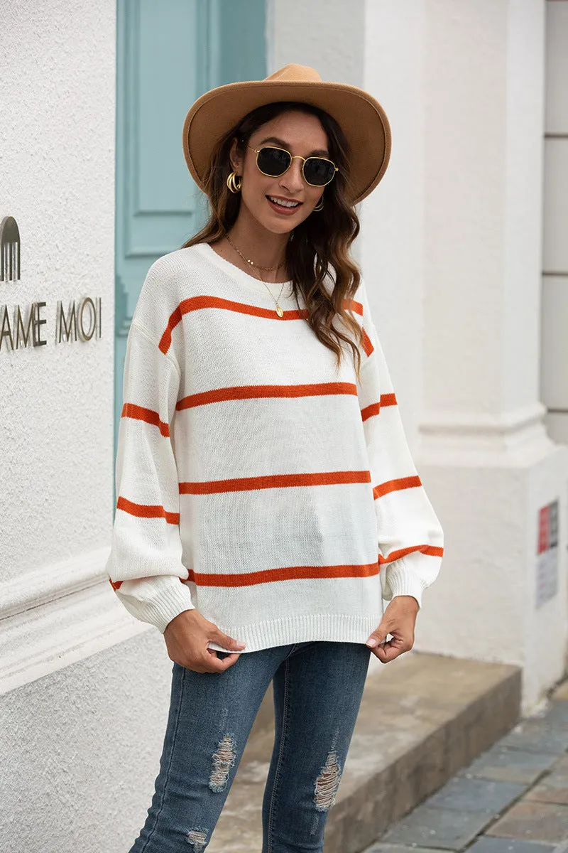 Lantern Sleeve Striped Knit Sweater
