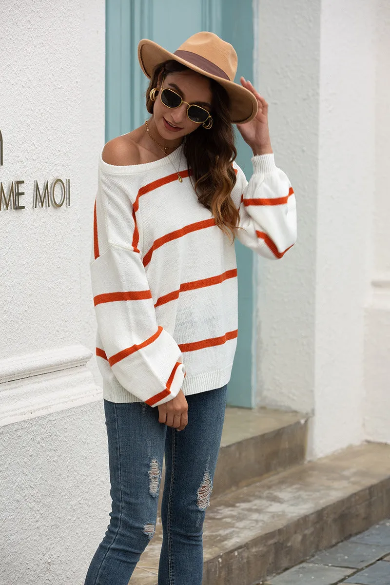 Lantern Sleeve Striped Knit Sweater