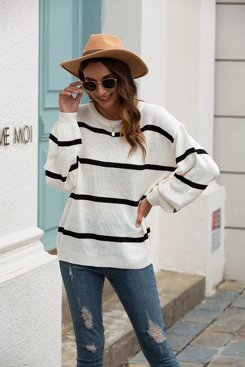 Lantern Sleeve Striped Knit Sweater
