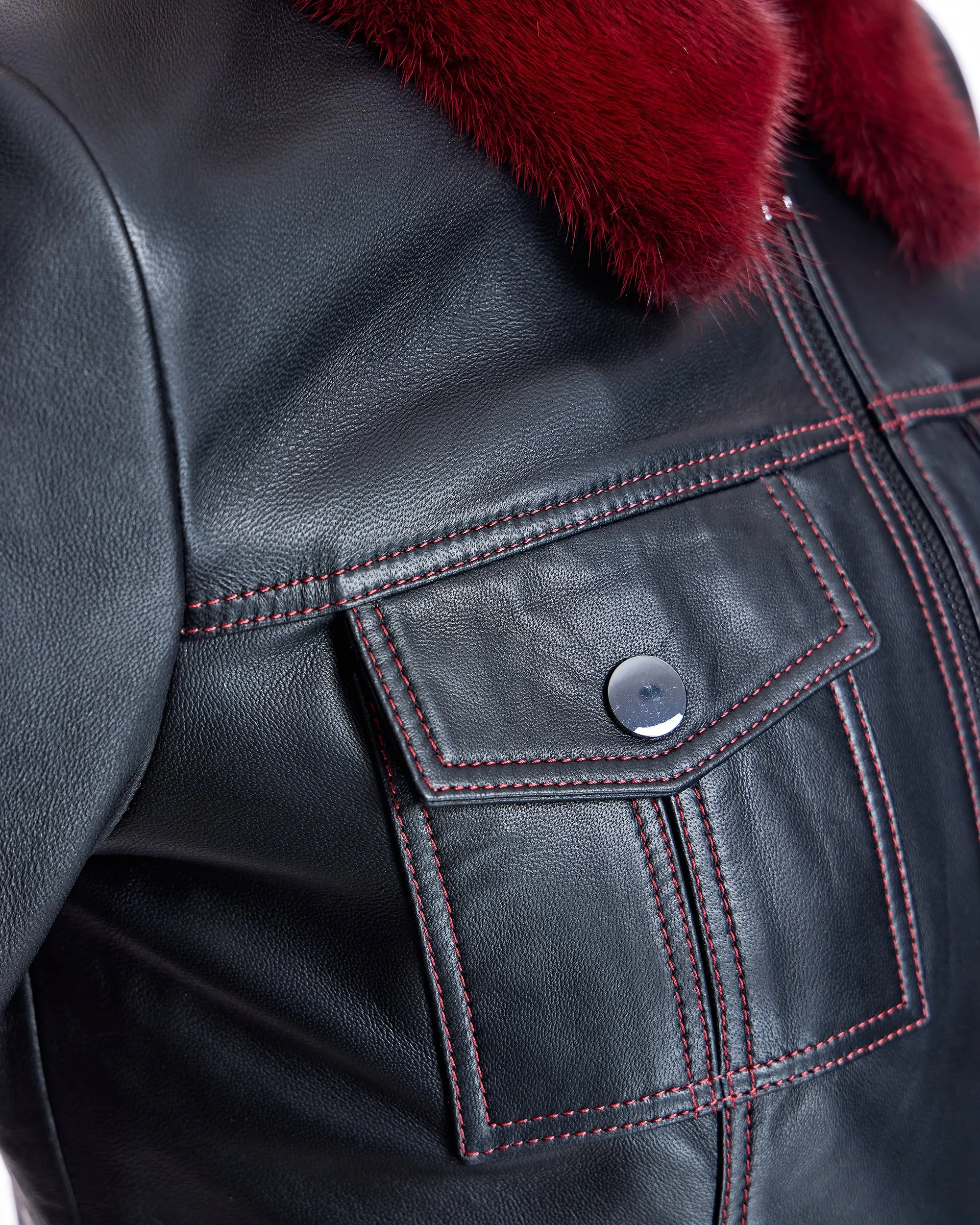 Leather Jacket with Mink Collar and Cuffs