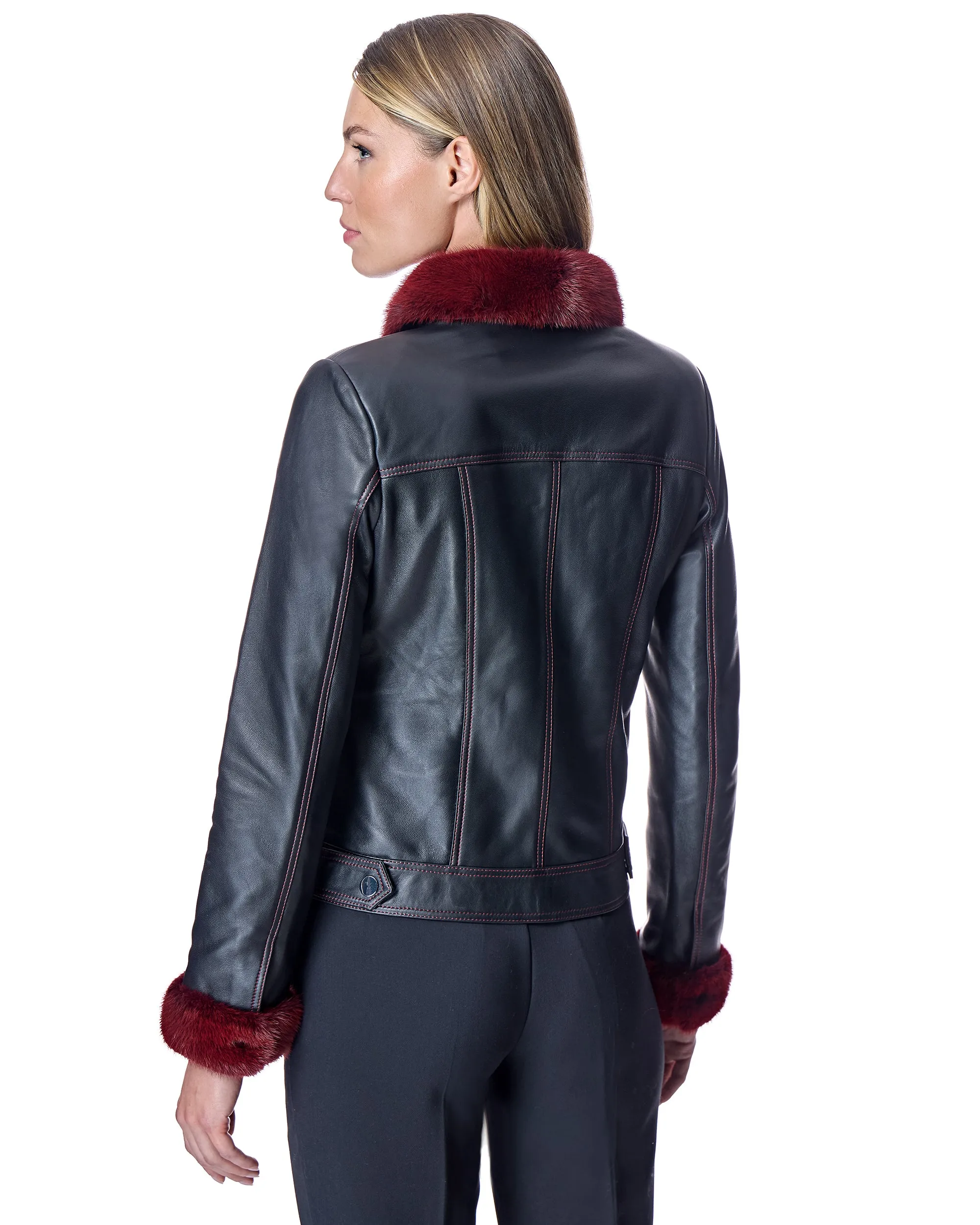 Leather Jacket with Mink Collar and Cuffs
