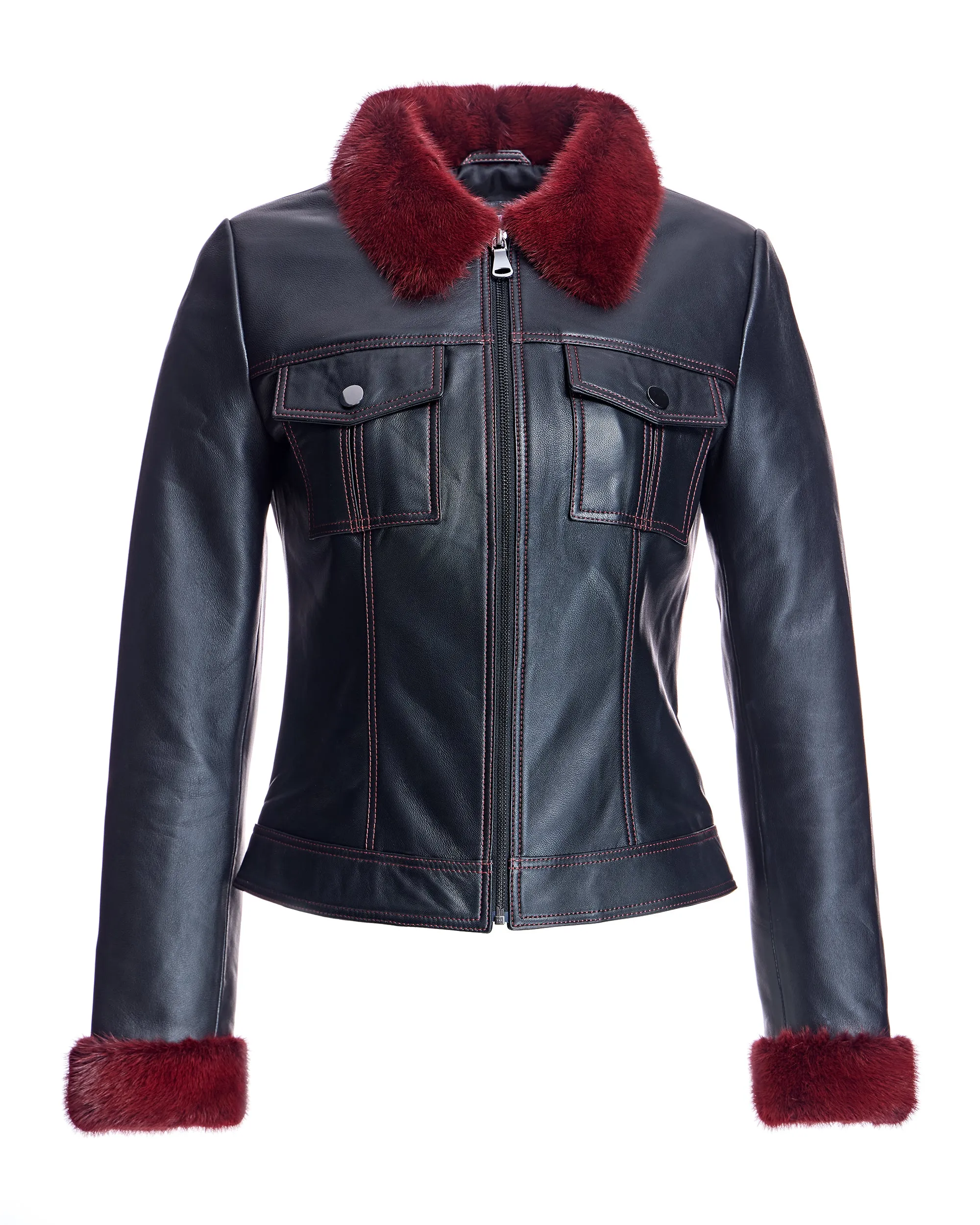 Leather Jacket with Mink Collar and Cuffs