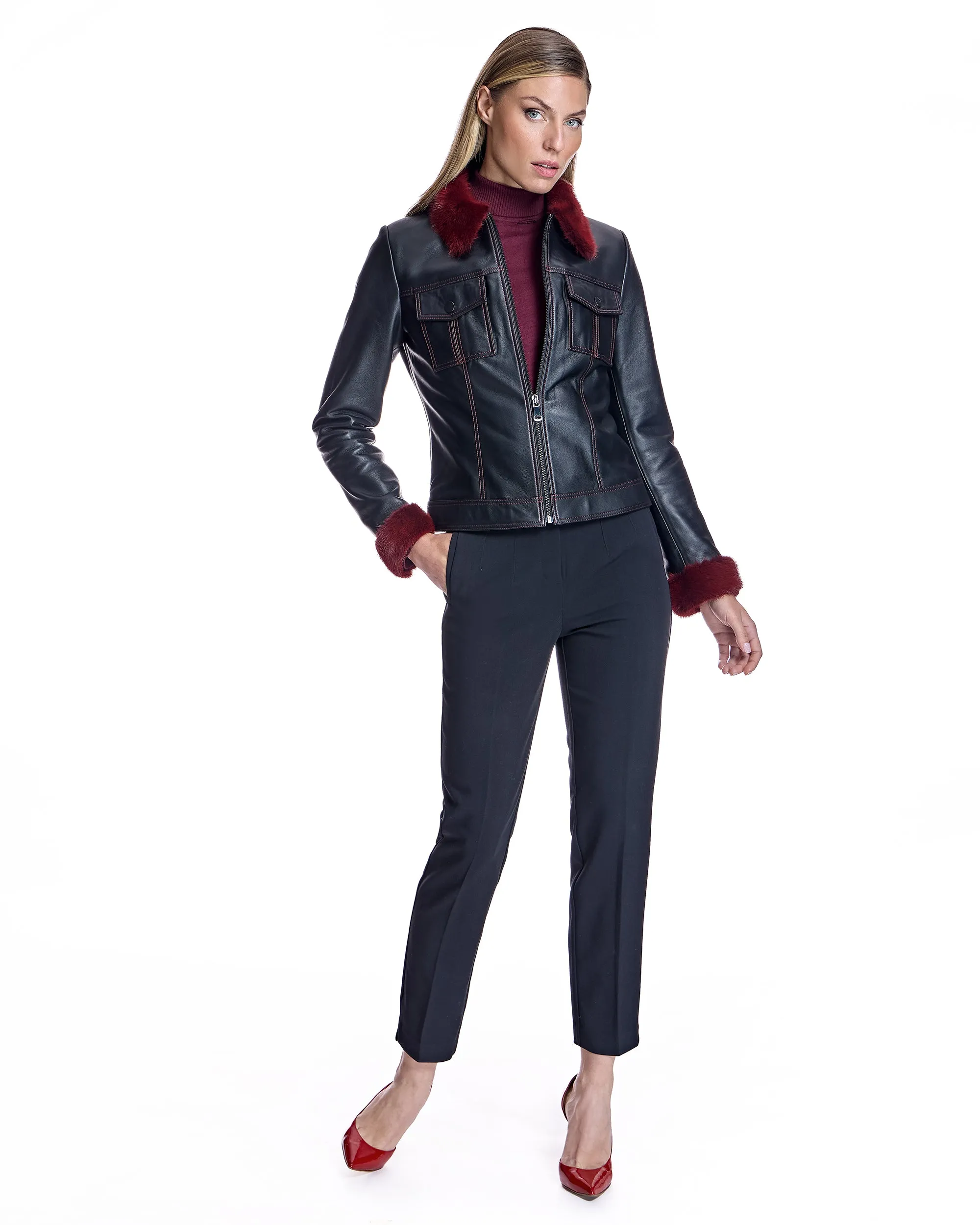 Leather Jacket with Mink Collar and Cuffs