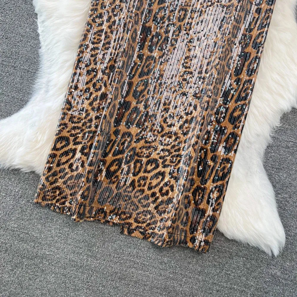 Leopard Print PU Leather Skirt