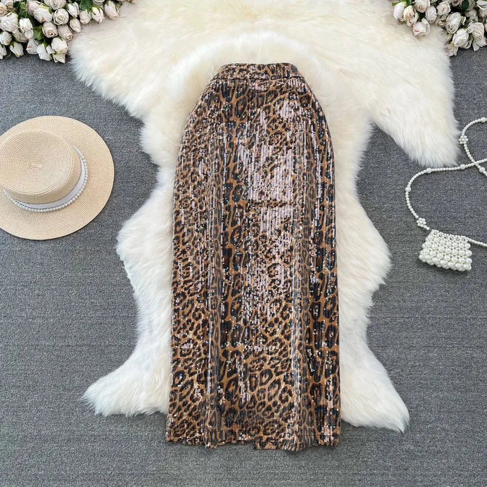 Leopard Print PU Leather Skirt