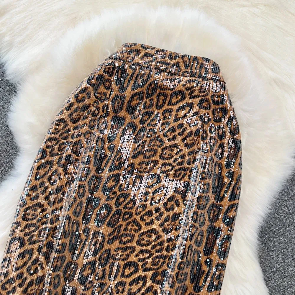 Leopard Print PU Leather Skirt