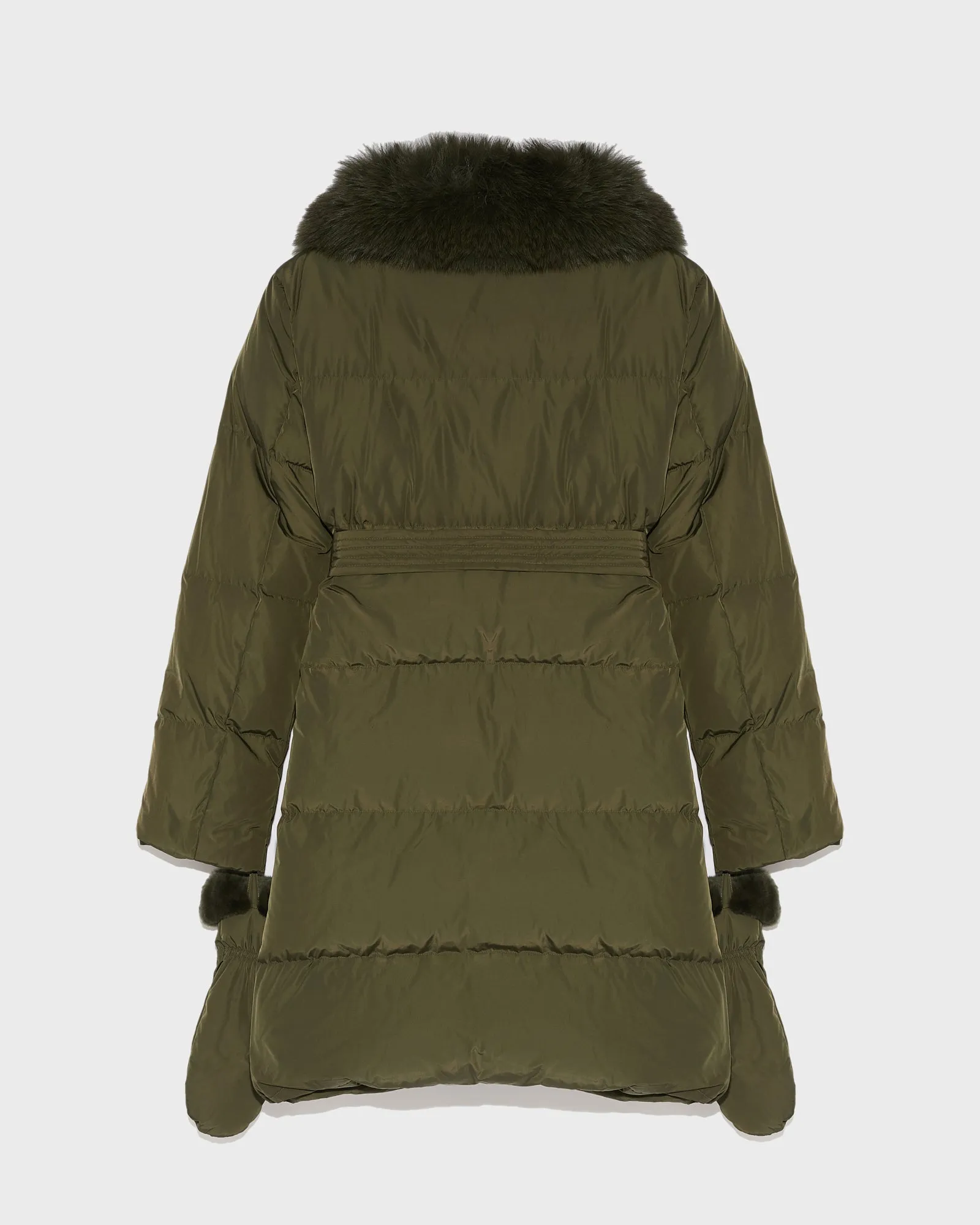 Long belted down jacket in technical fabric with fur collar