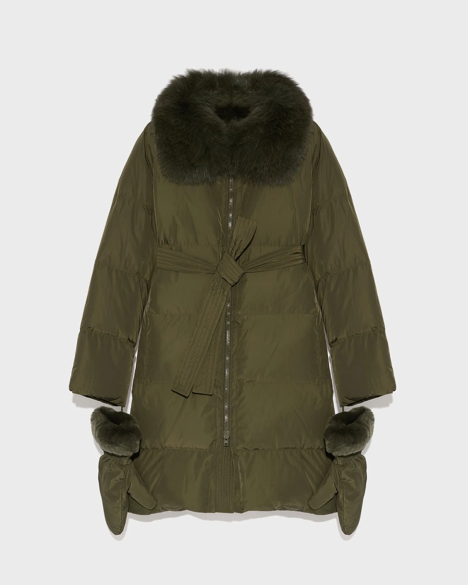 Long belted down jacket in technical fabric with fur collar