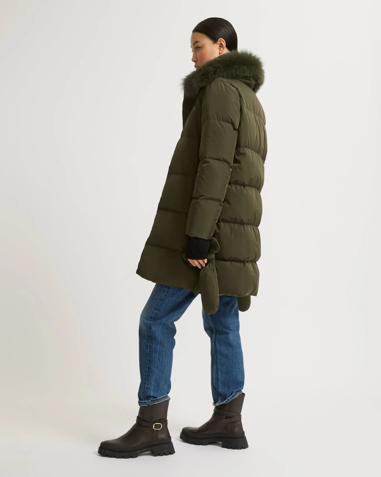 Long belted down jacket in technical fabric with fur collar
