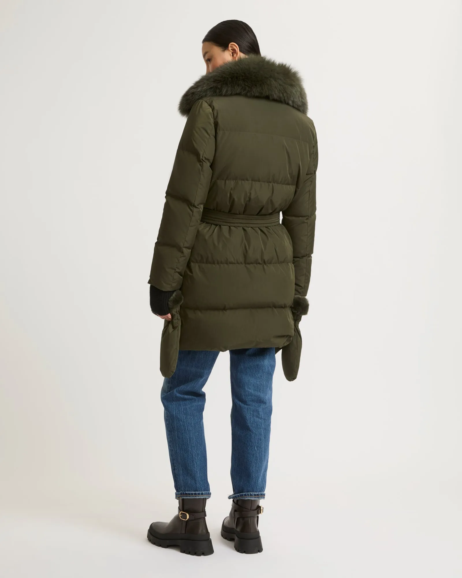Long belted down jacket in technical fabric with fur collar