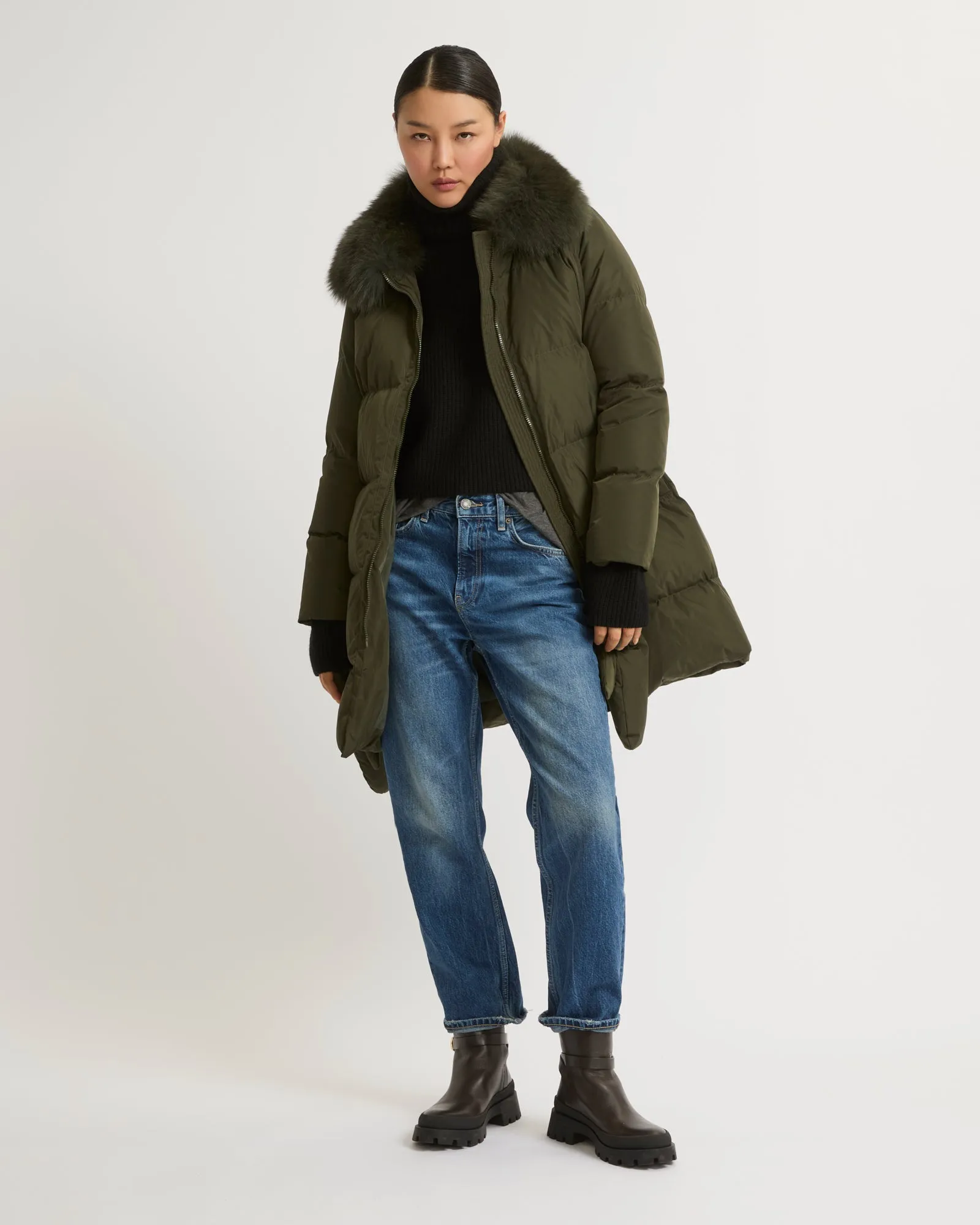 Long belted down jacket in technical fabric with fur collar