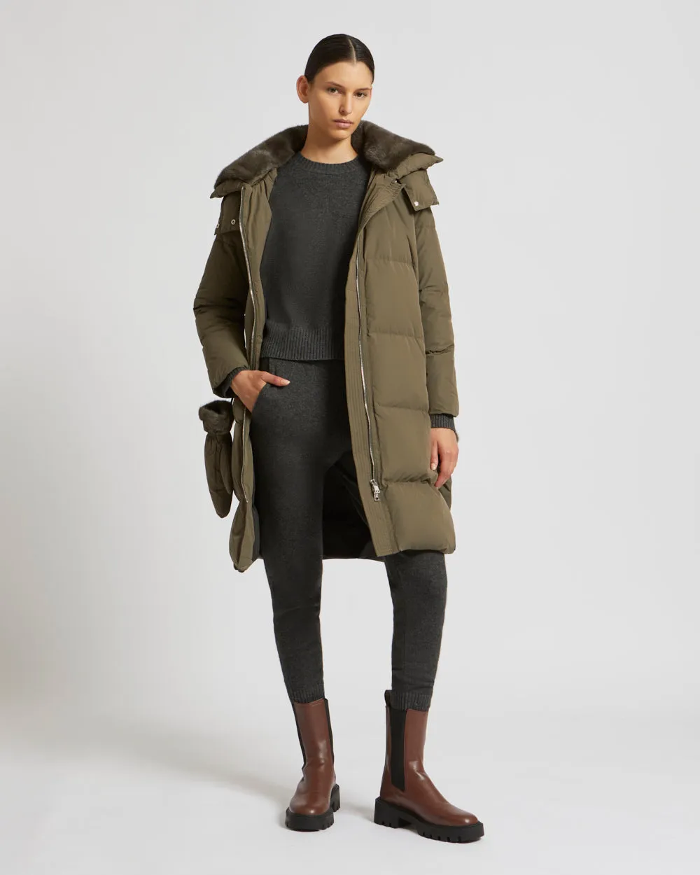 Long down jacket in waterproof technical fabric with mink fur collar