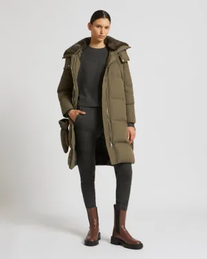 Long down jacket in waterproof technical fabric with mink fur collar