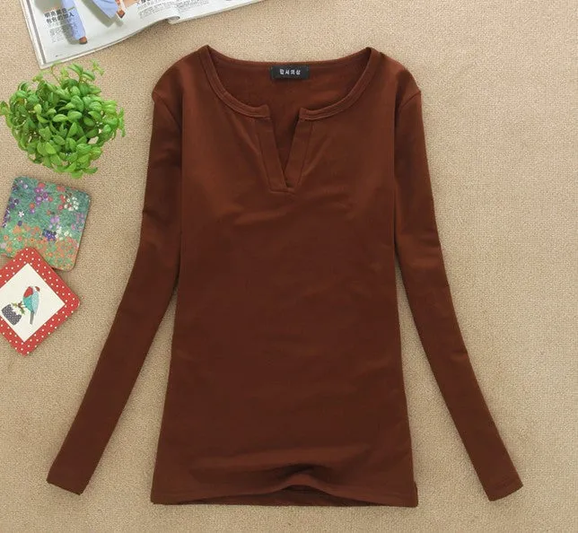 Long Sleeve V-Neck Shirt Women Casual Plus Size Blouses Knitted Body Tops
