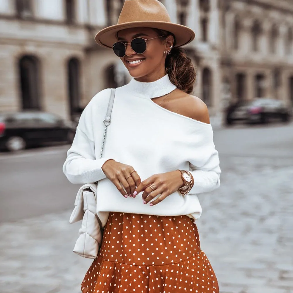 Loose Irregular Halter One Shoulder Sweaters Khaki