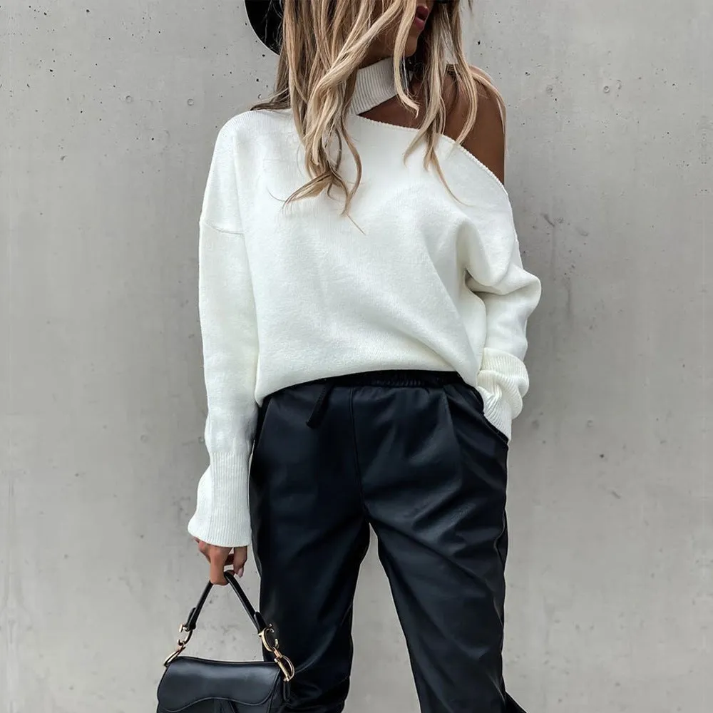 Loose Irregular Halter One Shoulder Sweaters Khaki