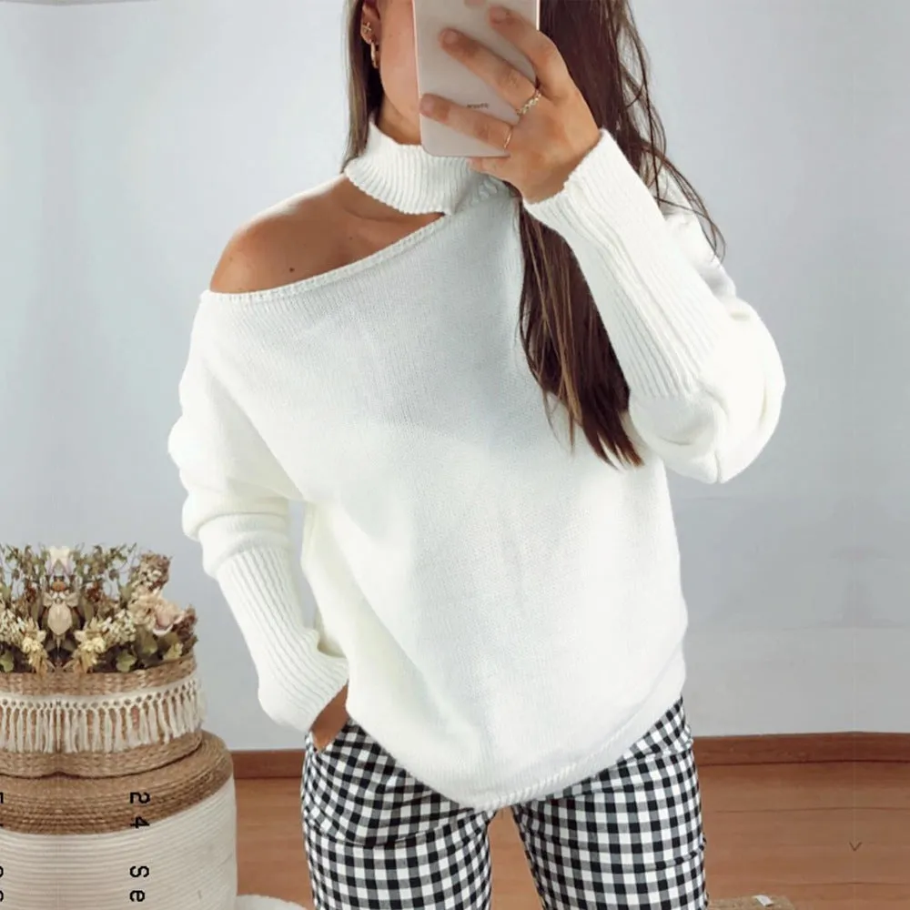 Loose Irregular Halter One Shoulder Sweaters Pink
