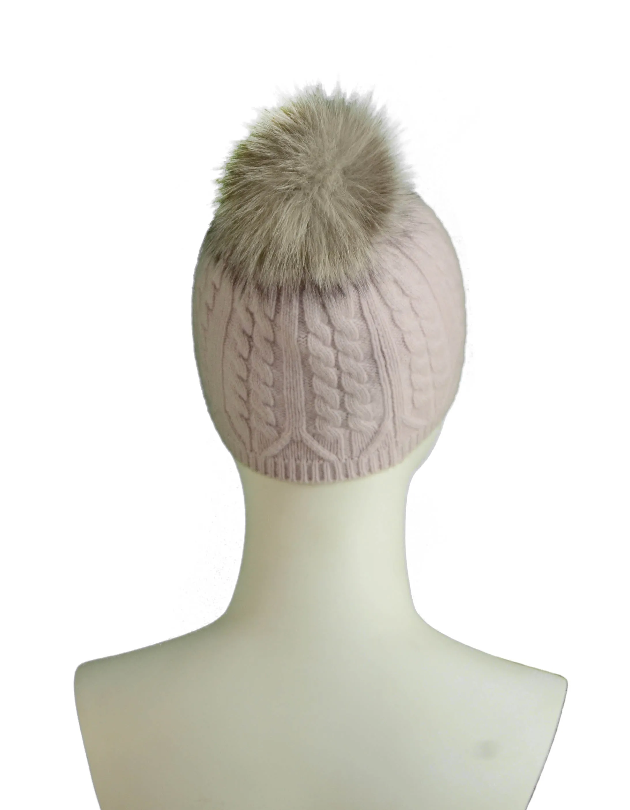Loro Piana Light Pink Cashmere Knit Beanie w/Fox Pom Pom