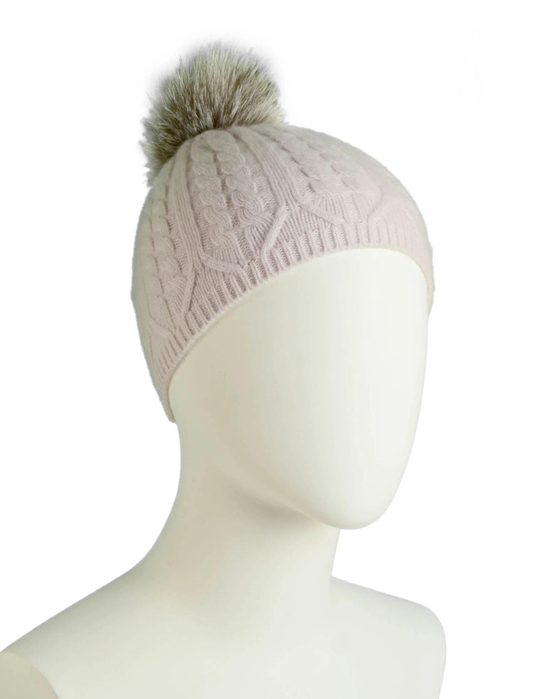 Loro Piana Light Pink Cashmere Knit Beanie w/Fox Pom Pom