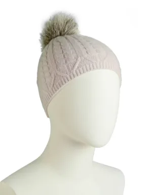 Loro Piana Light Pink Cashmere Knit Beanie w/Fox Pom Pom