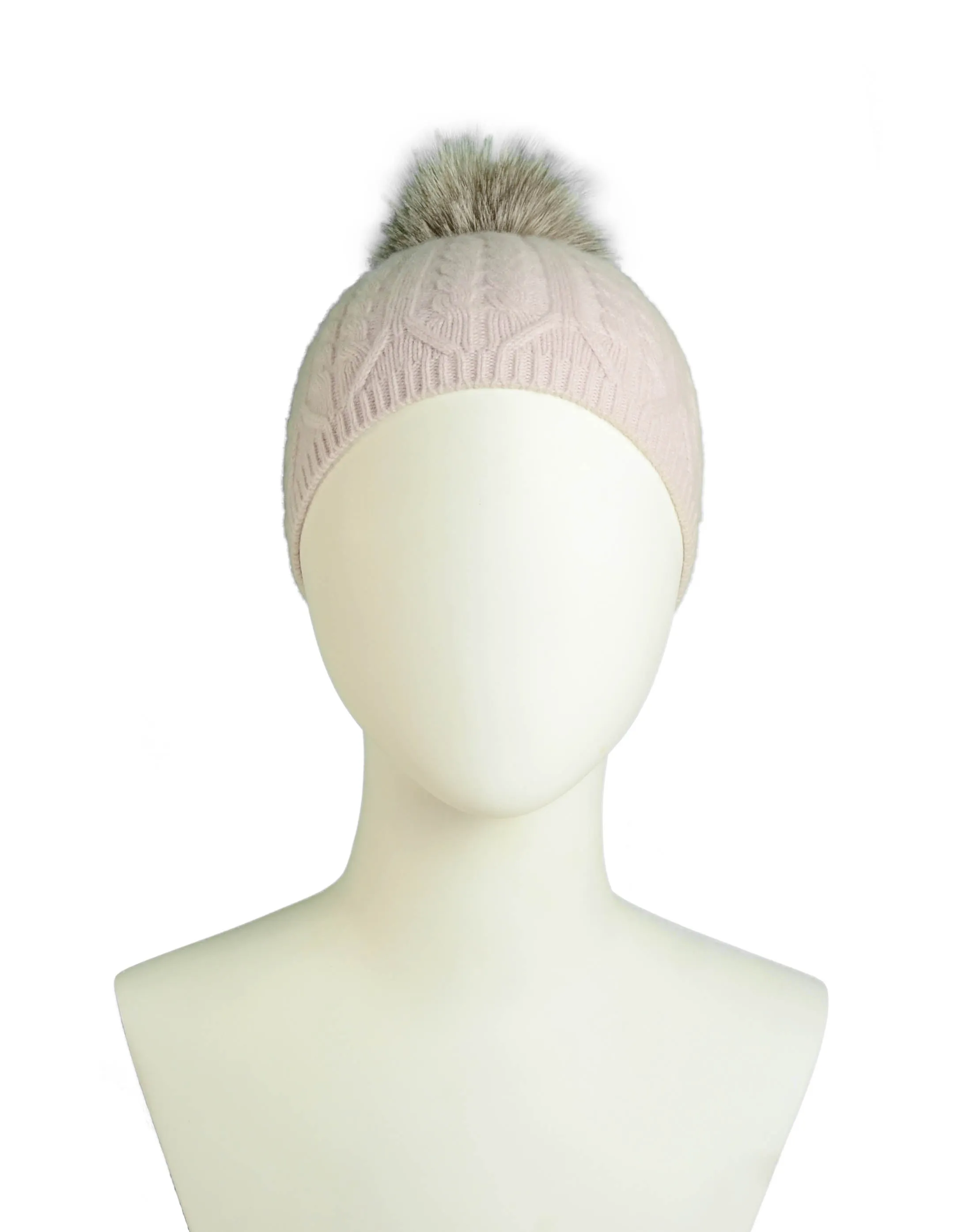 Loro Piana Light Pink Cashmere Knit Beanie w/Fox Pom Pom