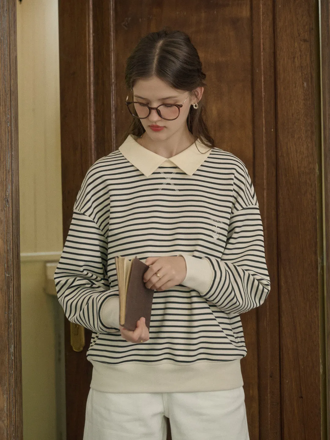 Luella SR Logo Embroidered Contrast Collar Striped Sweatshirt