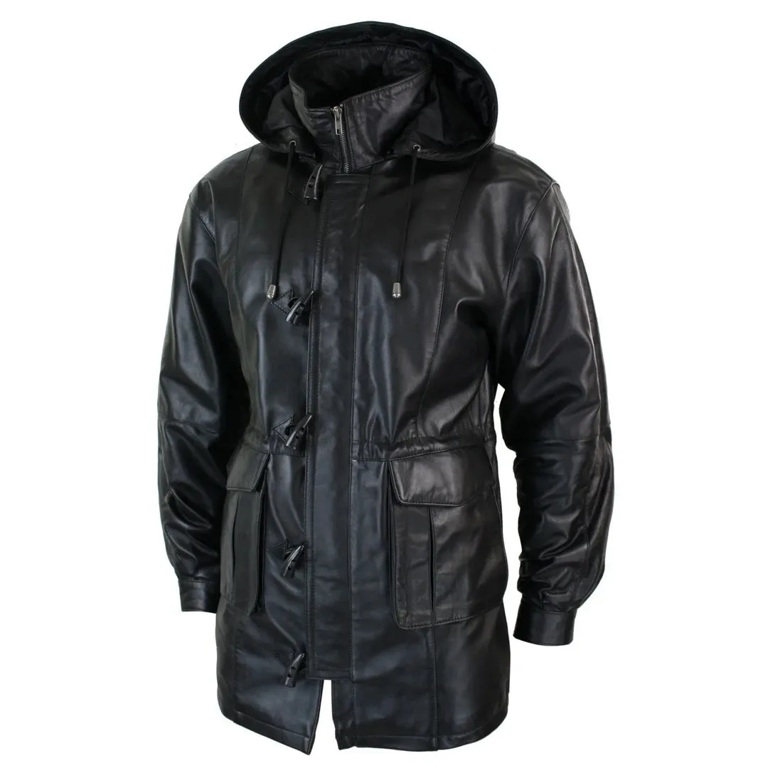 Men's 3/4 Long Leather Duffle Jacket Coat Safari Detachable Hood