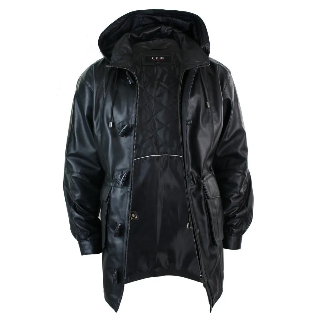 Men's 3/4 Long Leather Duffle Jacket Coat Safari Detachable Hood