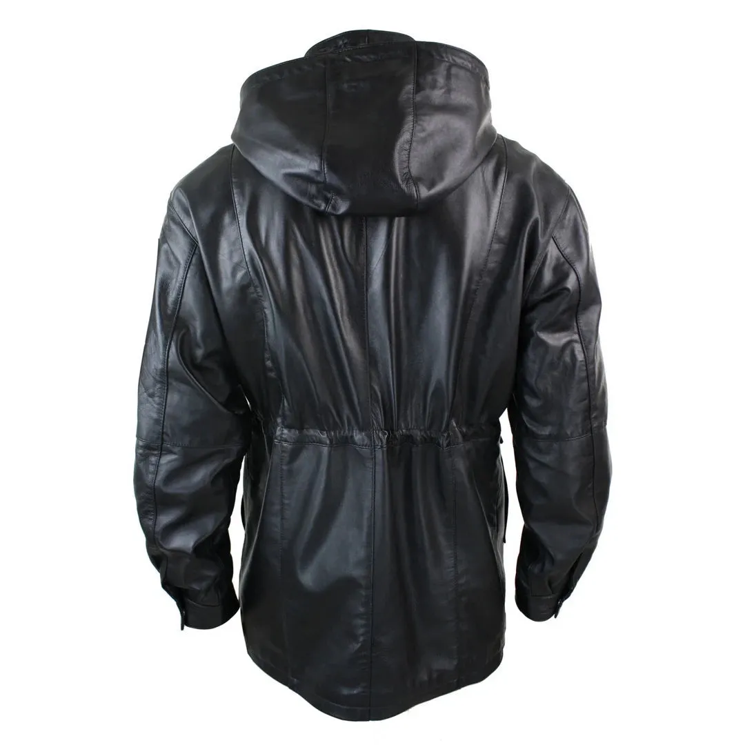 Men's 3/4 Long Leather Duffle Jacket Coat Safari Detachable Hood