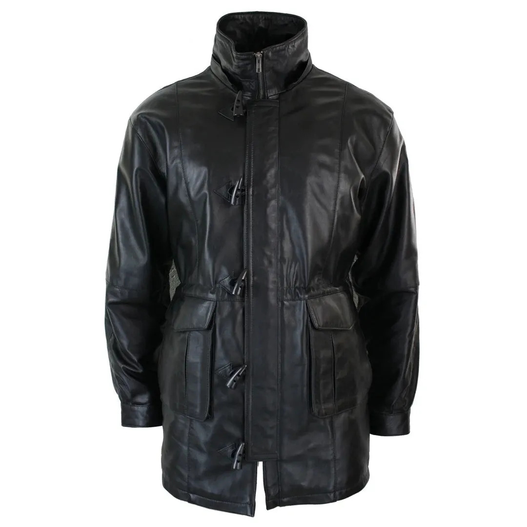 Men's 3/4 Long Leather Duffle Jacket Coat Safari Detachable Hood