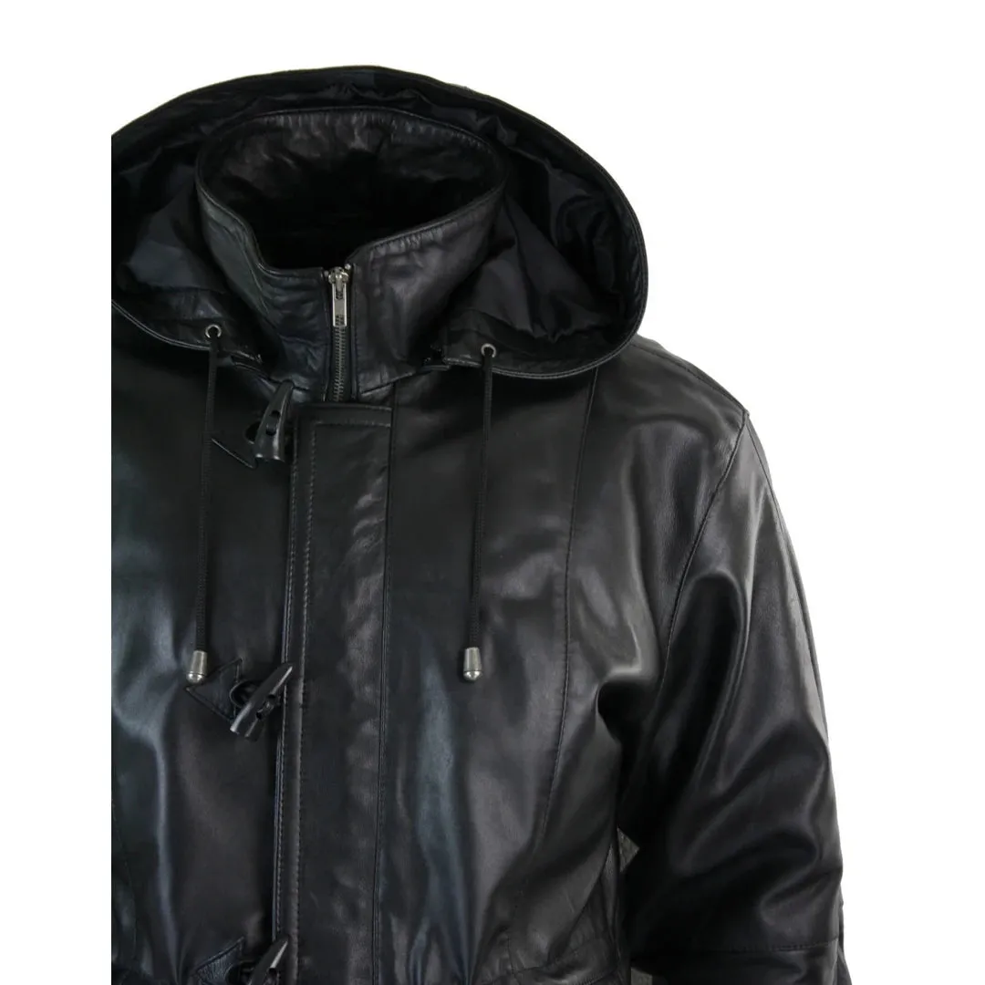 Men's 3/4 Long Leather Duffle Jacket Coat Safari Detachable Hood