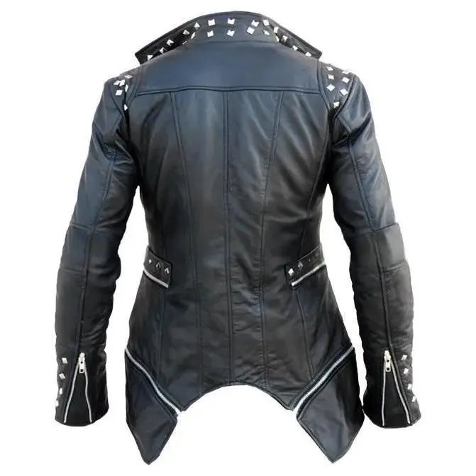 Men's Black Studded Sheep Leather Trench Coat - Gothic Asymmetrical Zipper Coat with Spikes Punk Rock Biker Style Jacket, Handmade Outerwear