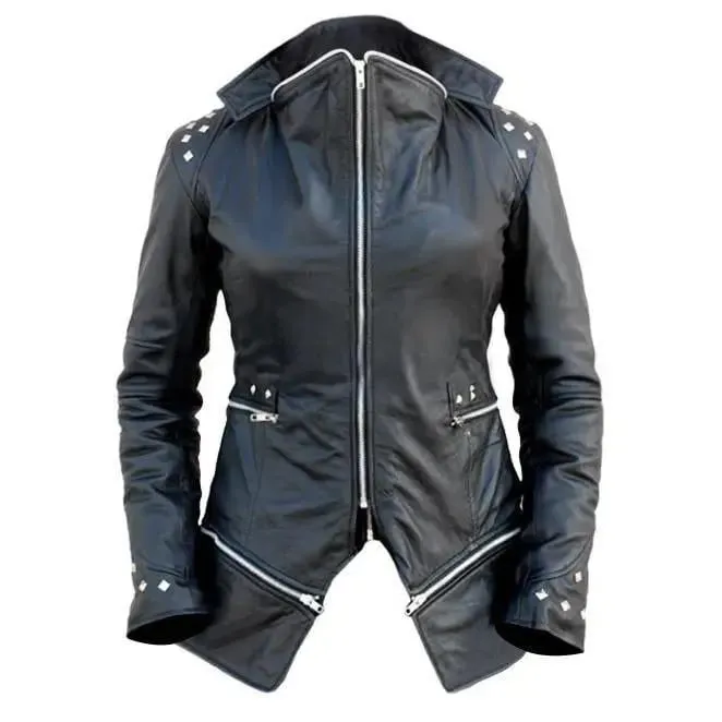 Men's Black Studded Sheep Leather Trench Coat - Gothic Asymmetrical Zipper Coat with Spikes Punk Rock Biker Style Jacket, Handmade Outerwear