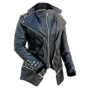 Men's Black Studded Sheep Leather Trench Coat - Gothic Asymmetrical Zipper Coat with Spikes Punk Rock Biker Style Jacket, Handmade Outerwear