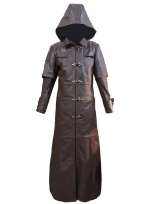 Mens Brown Leather Coat Long Hooded Gothic Matrix Steampunk Style Trench Coat - JT36