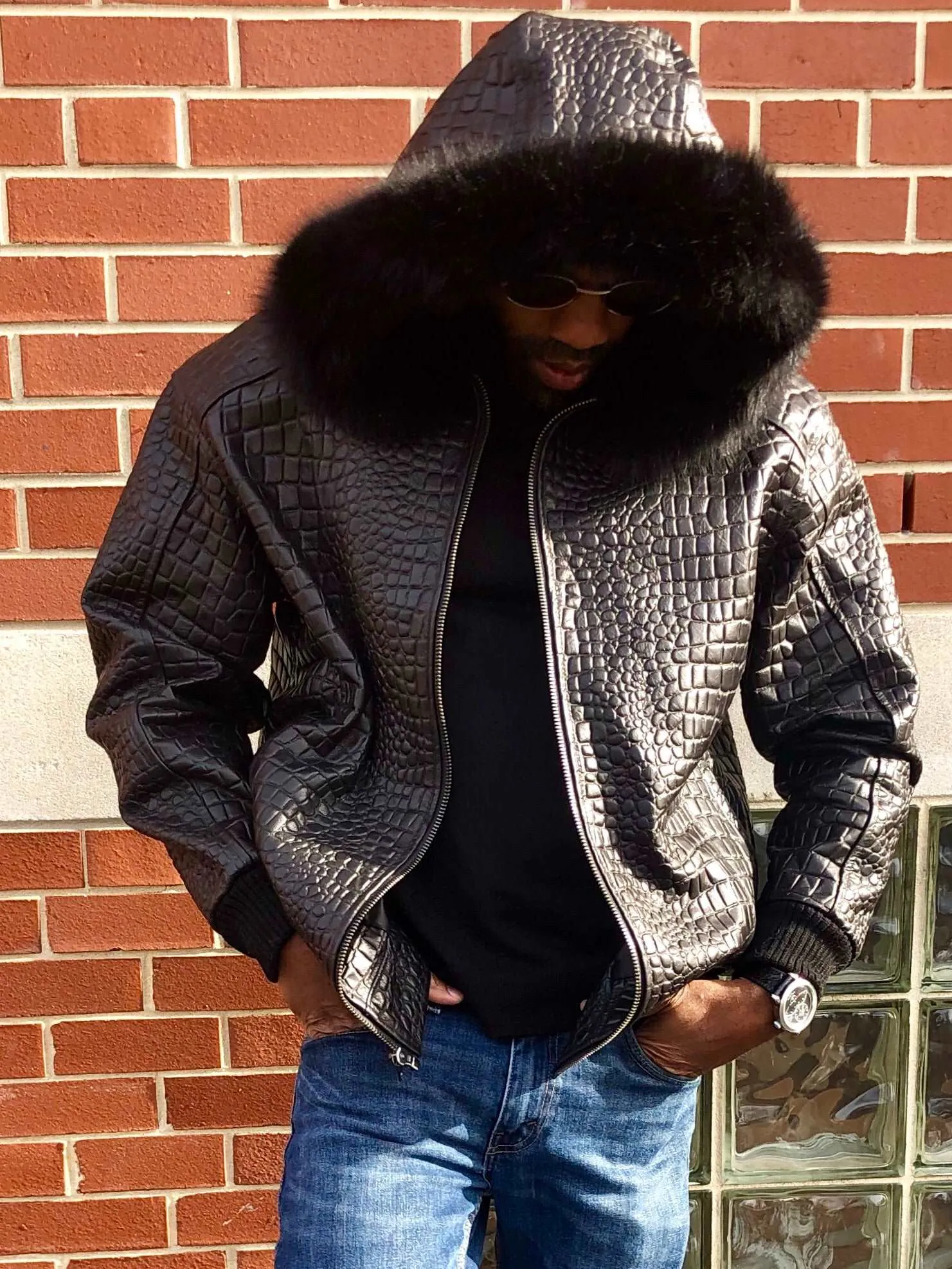 Men's Custom Made Black Leather Embossed Alligator Jacket with Fox Fur Hood