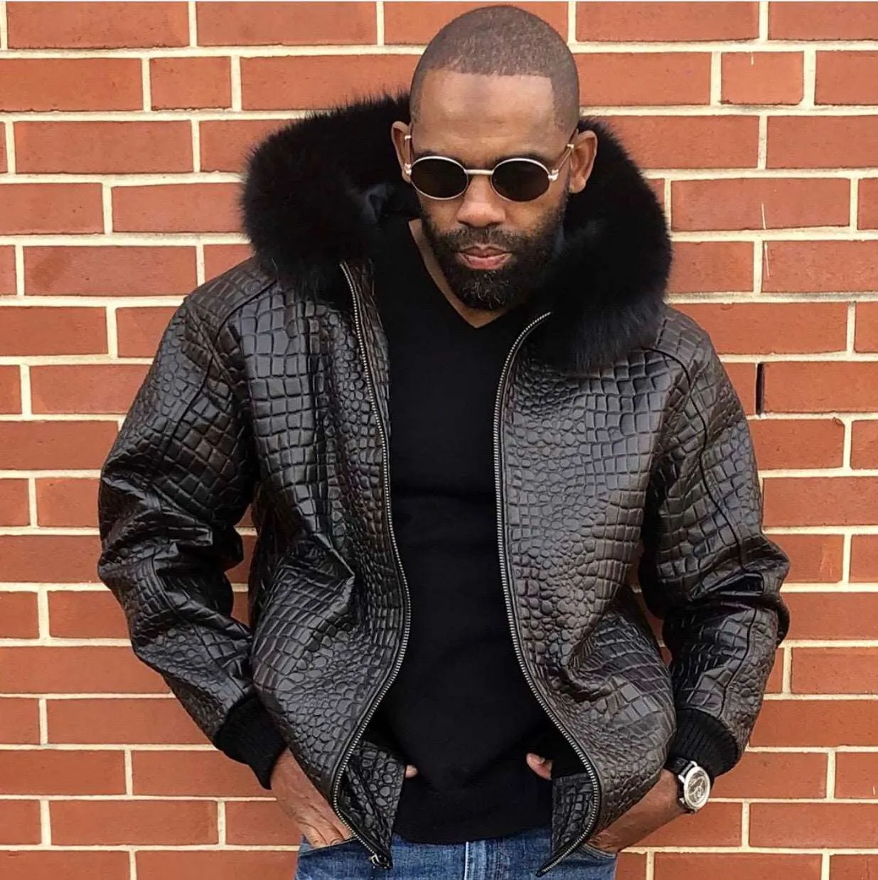 Men's Custom Made Black Leather Embossed Alligator Jacket with Fox Fur Hood