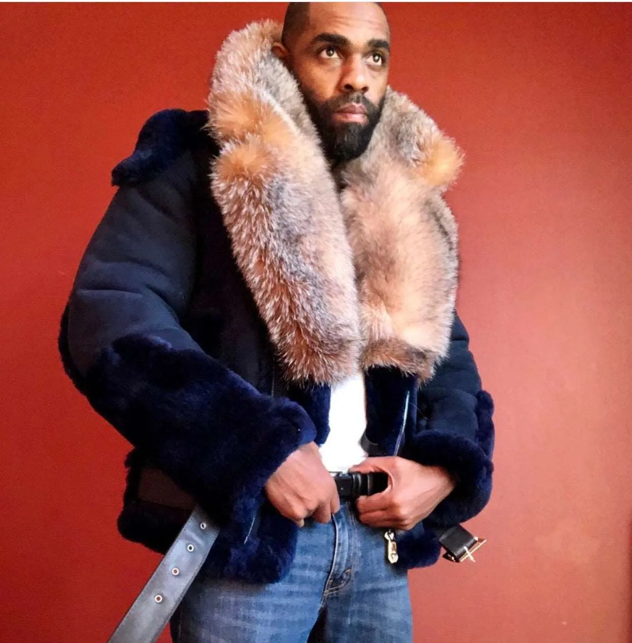Men's Custom Made Blue Suede Biker Shearling with Crystal Fox Fur Collar