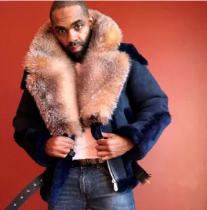 Men's Custom Made Blue Suede Biker Shearling with Crystal Fox Fur Collar